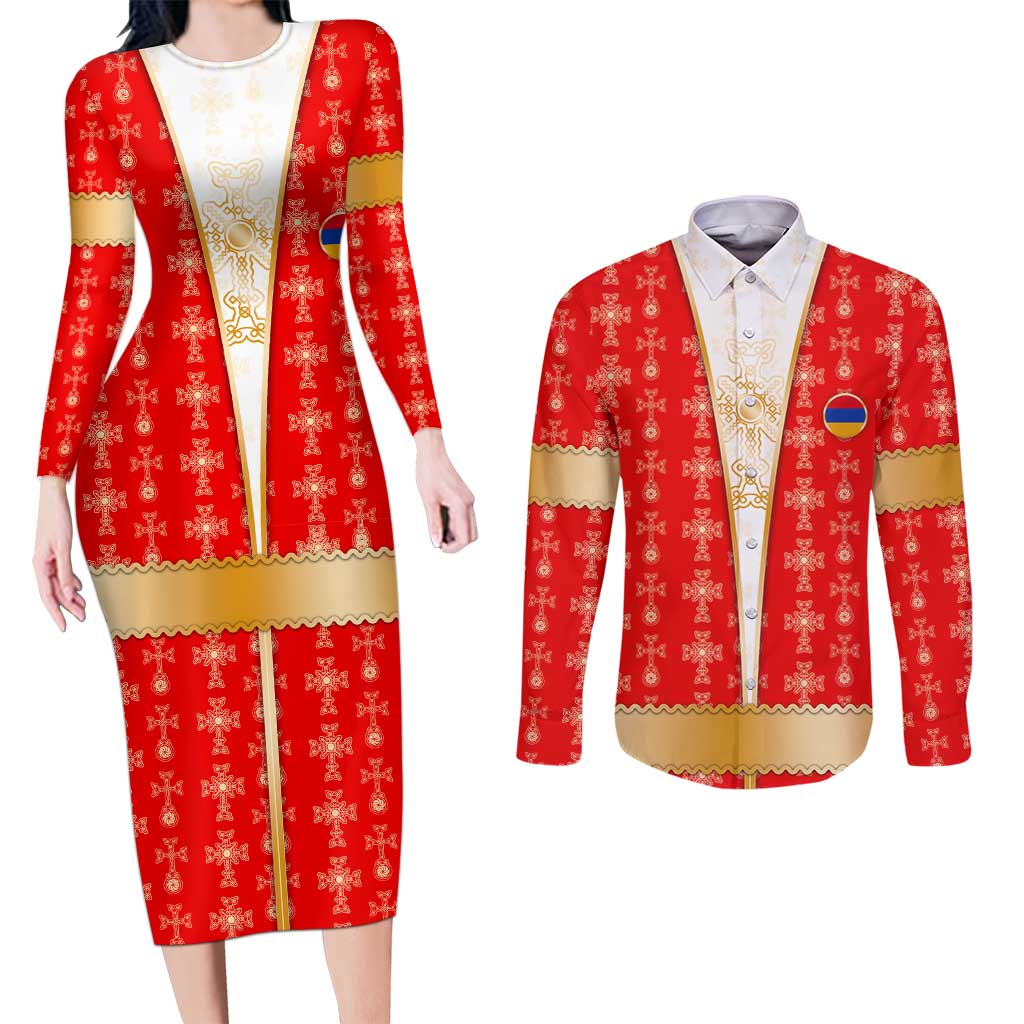 Armenian Traditional Red Couples Matching Long Sleeve Bodycon Dress and Long Sleeve Button Shirt with Gold Cross Pattern and Flag Crest - Wonder Print Shop
