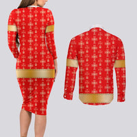 Armenian Traditional Red Couples Matching Long Sleeve Bodycon Dress and Long Sleeve Button Shirt with Gold Cross Pattern and Flag Crest - Wonder Print Shop