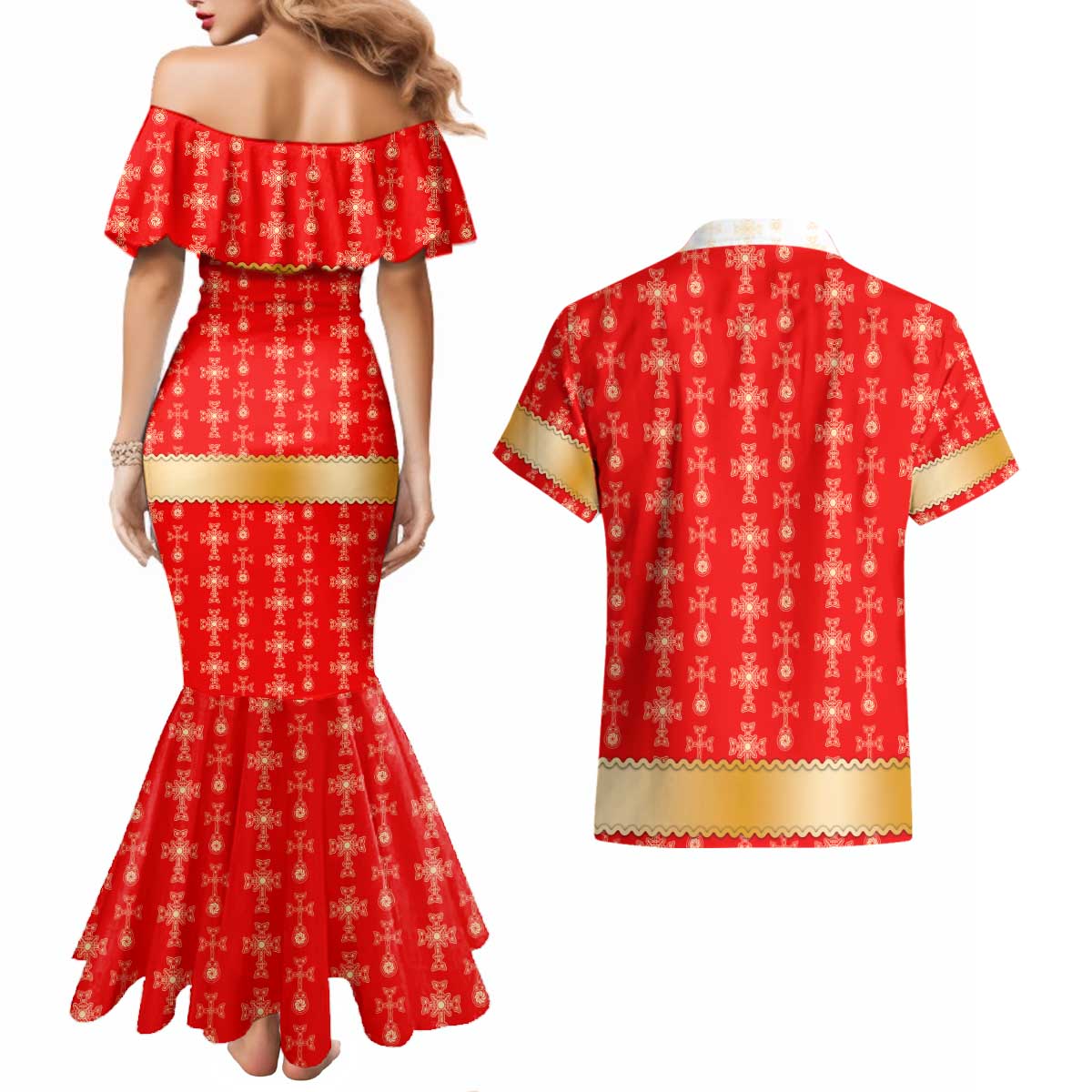 Armenian Traditional Red Couples Matching Mermaid Dress and Hawaiian Shirt with Gold Cross Pattern and Flag Crest - Wonder Print Shop