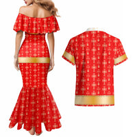 Armenian Traditional Red Couples Matching Mermaid Dress and Hawaiian Shirt with Gold Cross Pattern and Flag Crest - Wonder Print Shop
