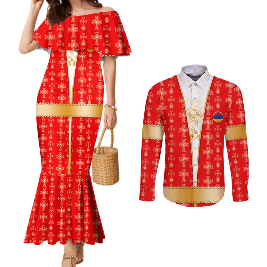 Armenian Traditional Red Couples Matching Mermaid Dress and Long Sleeve Button Shirt with Gold Cross Pattern and Flag Crest - Wonder Print Shop