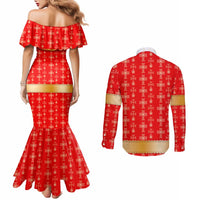Armenian Traditional Red Couples Matching Mermaid Dress and Long Sleeve Button Shirt with Gold Cross Pattern and Flag Crest - Wonder Print Shop