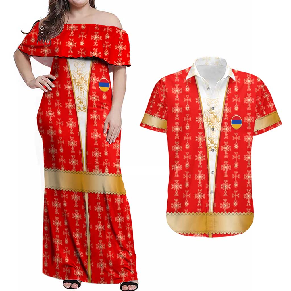 Armenian Traditional Red Couples Matching Off Shoulder Maxi Dress and Hawaiian Shirt with Gold Cross Pattern and Flag Crest - Wonder Print Shop