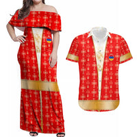 Armenian Traditional Red Couples Matching Off Shoulder Maxi Dress and Hawaiian Shirt with Gold Cross Pattern and Flag Crest - Wonder Print Shop