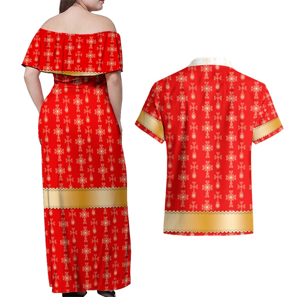 Armenian Traditional Red Couples Matching Off Shoulder Maxi Dress and Hawaiian Shirt with Gold Cross Pattern and Flag Crest - Wonder Print Shop