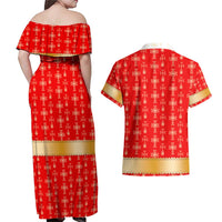 Armenian Traditional Red Couples Matching Off Shoulder Maxi Dress and Hawaiian Shirt with Gold Cross Pattern and Flag Crest - Wonder Print Shop
