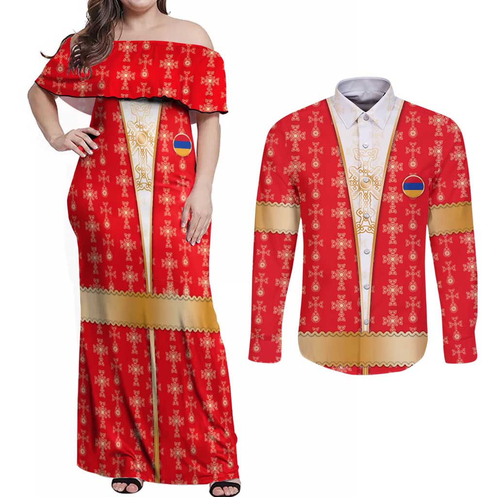 Armenian Traditional Red Couples Matching Off Shoulder Maxi Dress and Long Sleeve Button Shirt with Gold Cross Pattern and Flag Crest - Wonder Print Shop