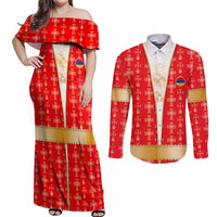 Armenian Traditional Red Couples Matching Off Shoulder Maxi Dress and Long Sleeve Button Shirt with Gold Cross Pattern and Flag Crest - Wonder Print Shop