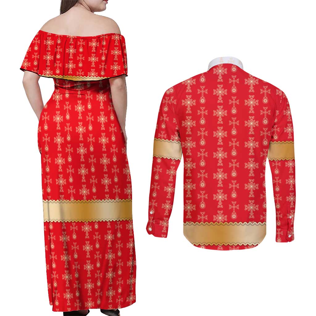 Armenian Traditional Red Couples Matching Off Shoulder Maxi Dress and Long Sleeve Button Shirt with Gold Cross Pattern and Flag Crest - Wonder Print Shop