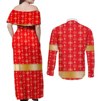 Armenian Traditional Red Couples Matching Off Shoulder Maxi Dress and Long Sleeve Button Shirt with Gold Cross Pattern and Flag Crest - Wonder Print Shop