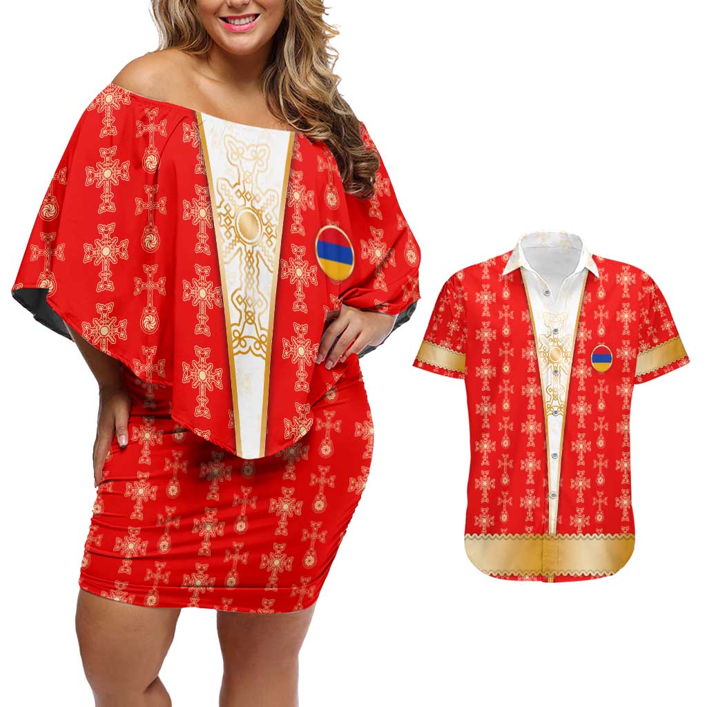 Armenian Traditional Red Couples Matching Off Shoulder Short Dress and Hawaiian Shirt with Gold Cross Pattern and Flag Crest - Wonder Print Shop