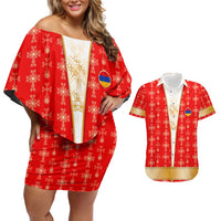 Armenian Traditional Red Couples Matching Off Shoulder Short Dress and Hawaiian Shirt with Gold Cross Pattern and Flag Crest - Wonder Print Shop
