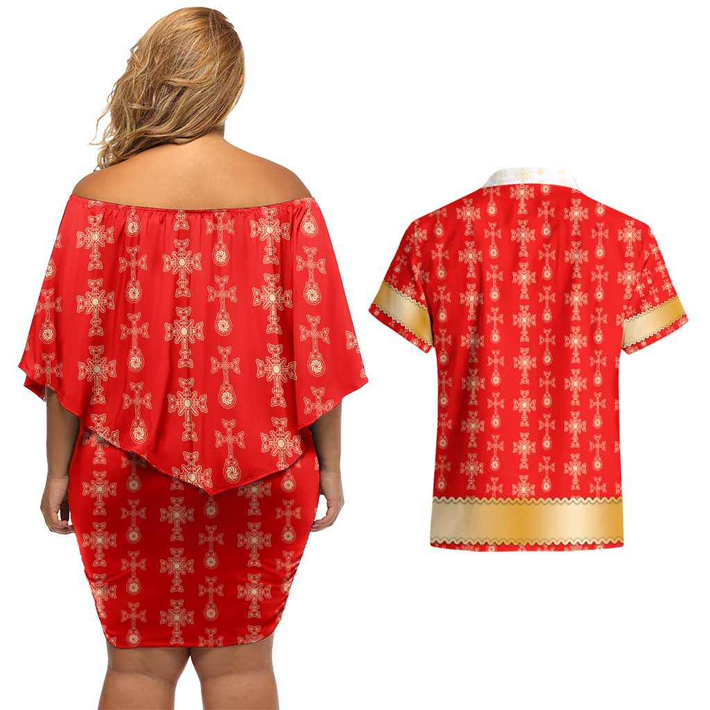 Armenian Traditional Red Couples Matching Off Shoulder Short Dress and Hawaiian Shirt with Gold Cross Pattern and Flag Crest - Wonder Print Shop