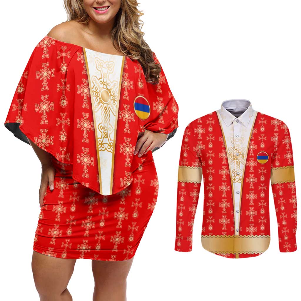 Armenian Traditional Red Couples Matching Off Shoulder Short Dress and Long Sleeve Button Shirt with Gold Cross Pattern and Flag Crest - Wonder Print Shop