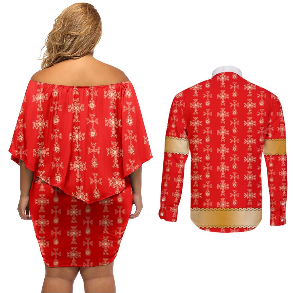 Armenian Traditional Red Couples Matching Off Shoulder Short Dress and Long Sleeve Button Shirt with Gold Cross Pattern and Flag Crest - Wonder Print Shop