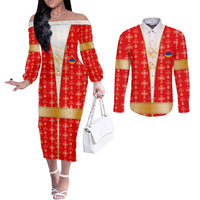 Armenian Traditional Red Couples Matching Off The Shoulder Long Sleeve Dress and Long Sleeve Button Shirt with Gold Cross Pattern and Flag Crest - Wonder Print Shop