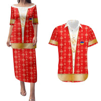 Armenian Traditional Red Couples Matching Puletasi and Hawaiian Shirt with Gold Cross Pattern and Flag Crest - Wonder Print Shop