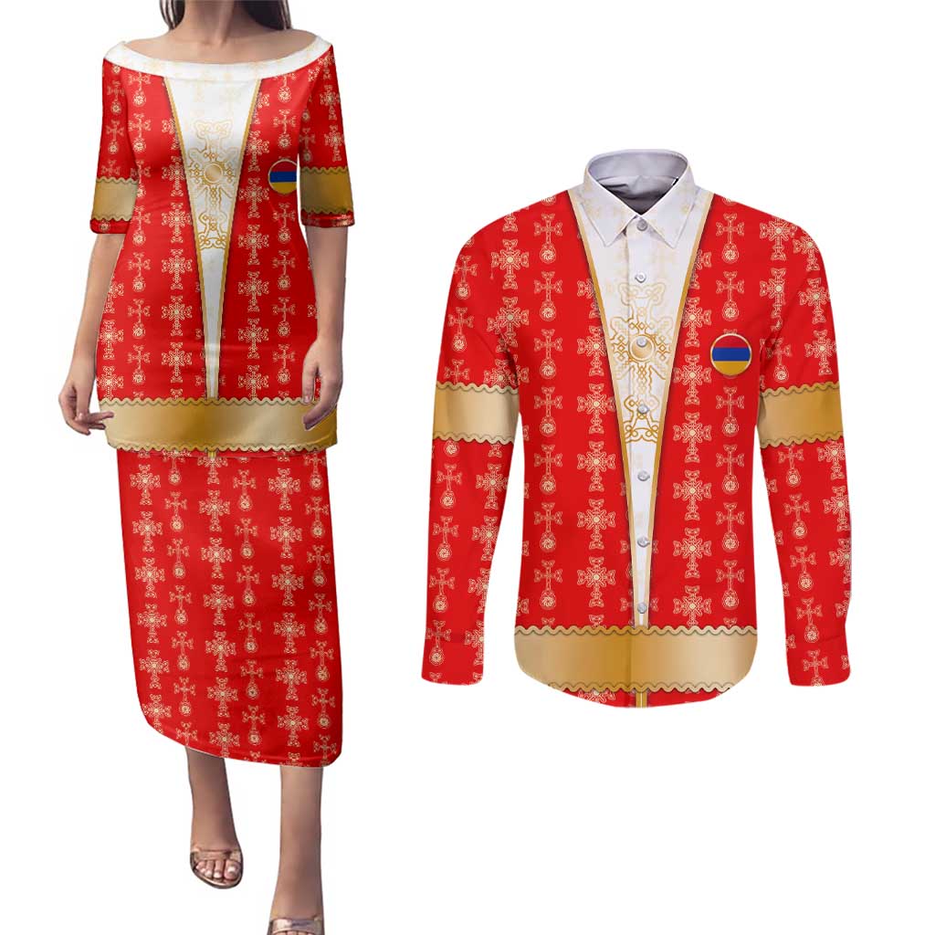 Armenian Traditional Red Couples Matching Puletasi and Long Sleeve Button Shirt with Gold Cross Pattern and Flag Crest - Wonder Print Shop