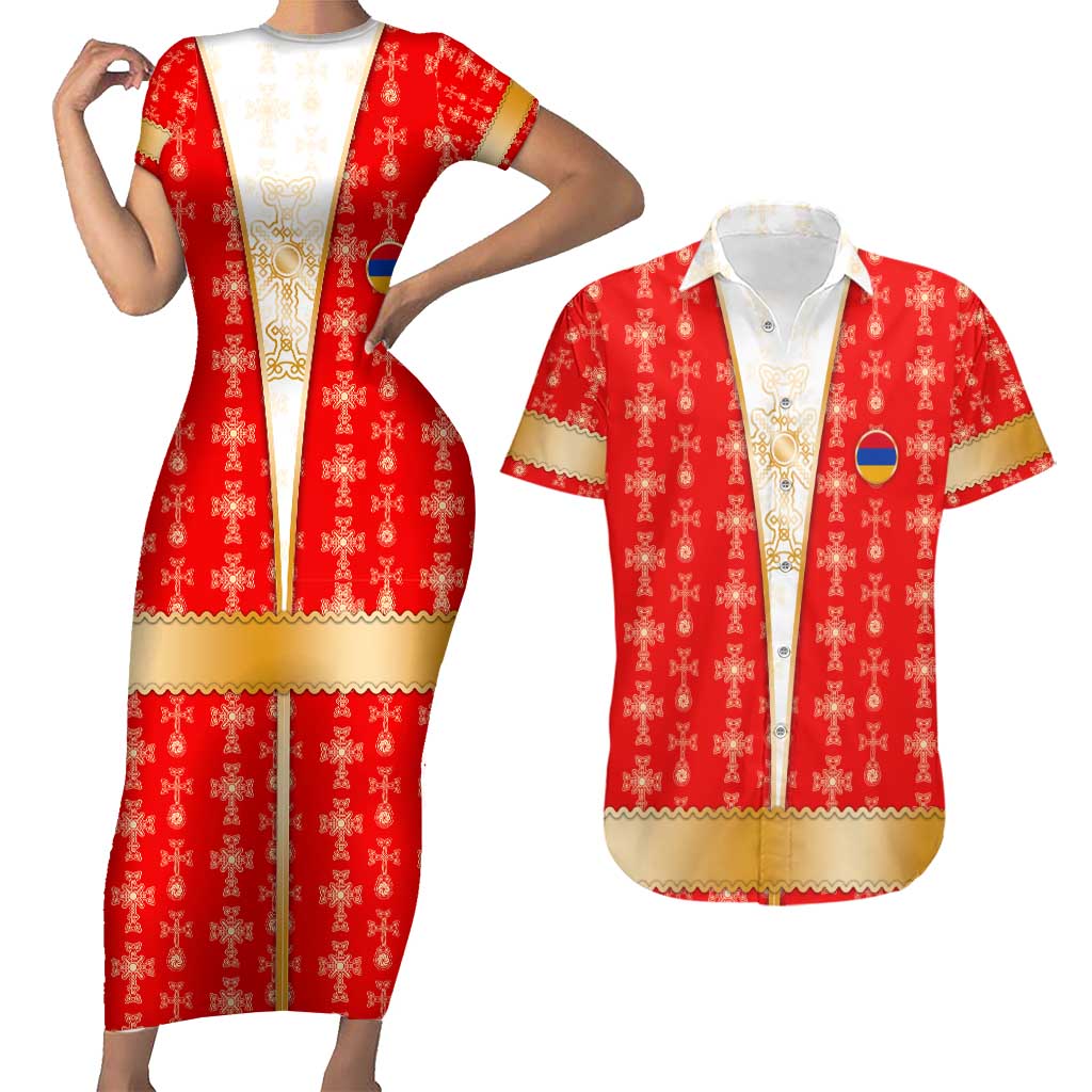 Armenian Traditional Red Couples Matching Short Sleeve Bodycon Dress and Hawaiian Shirt with Gold Cross Pattern and Flag Crest - Wonder Print Shop