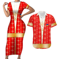 Armenian Traditional Red Couples Matching Short Sleeve Bodycon Dress and Hawaiian Shirt with Gold Cross Pattern and Flag Crest - Wonder Print Shop