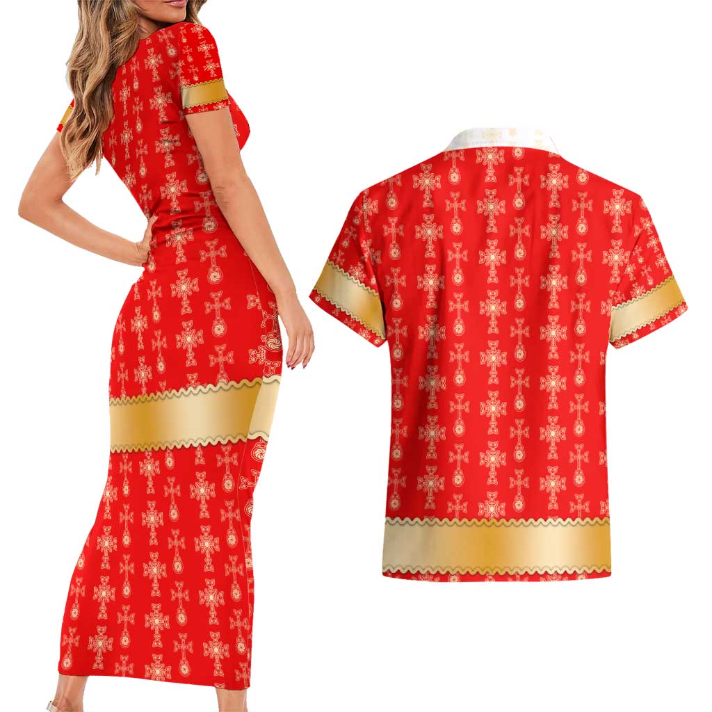 Armenian Traditional Red Couples Matching Short Sleeve Bodycon Dress and Hawaiian Shirt with Gold Cross Pattern and Flag Crest - Wonder Print Shop