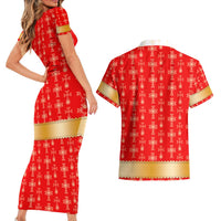 Armenian Traditional Red Couples Matching Short Sleeve Bodycon Dress and Hawaiian Shirt with Gold Cross Pattern and Flag Crest - Wonder Print Shop