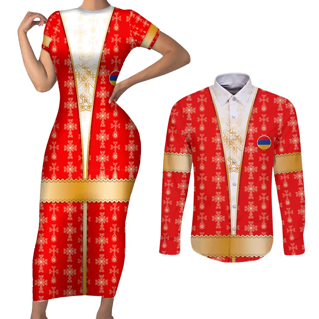 Armenian Traditional Red Couples Matching Short Sleeve Bodycon Dress and Long Sleeve Button Shirt with Gold Cross Pattern and Flag Crest - Wonder Print Shop