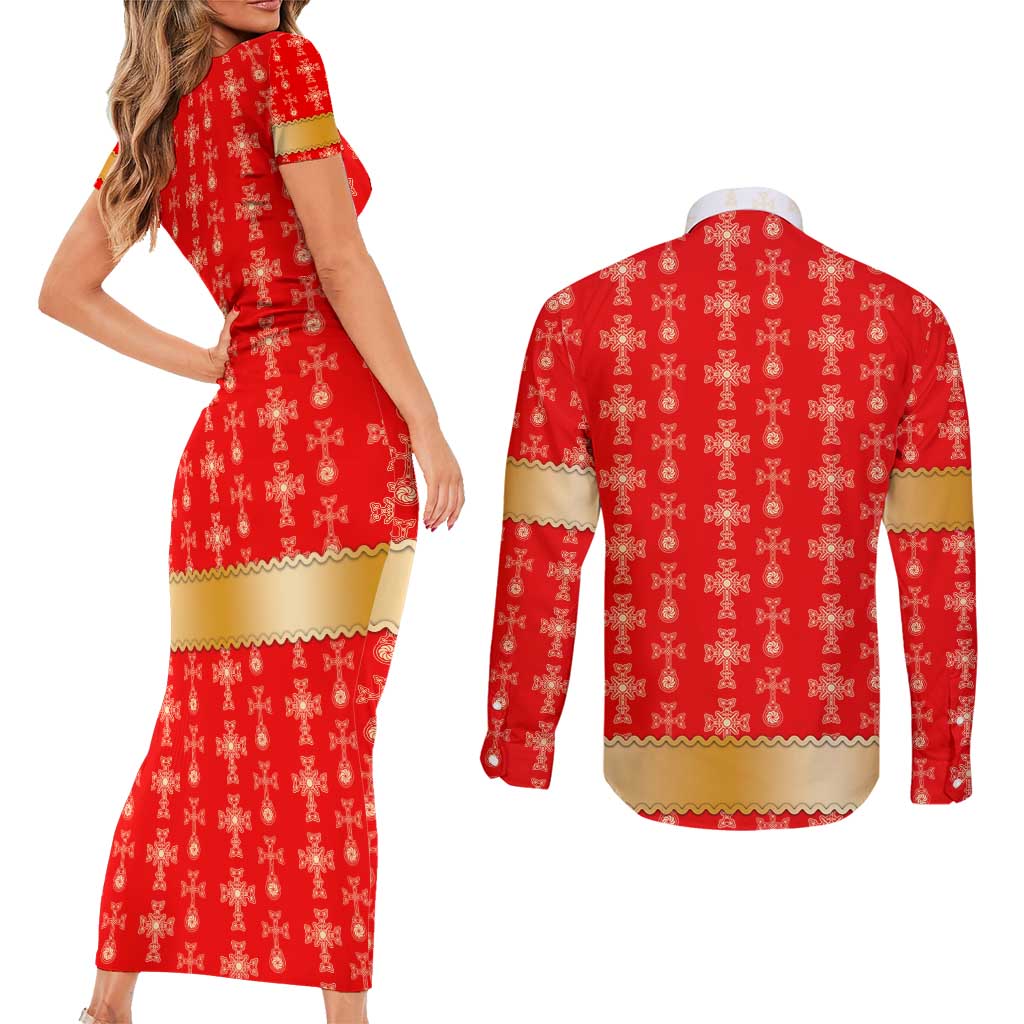 Armenian Traditional Red Couples Matching Short Sleeve Bodycon Dress and Long Sleeve Button Shirt with Gold Cross Pattern and Flag Crest - Wonder Print Shop