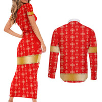 Armenian Traditional Red Couples Matching Short Sleeve Bodycon Dress and Long Sleeve Button Shirt with Gold Cross Pattern and Flag Crest - Wonder Print Shop