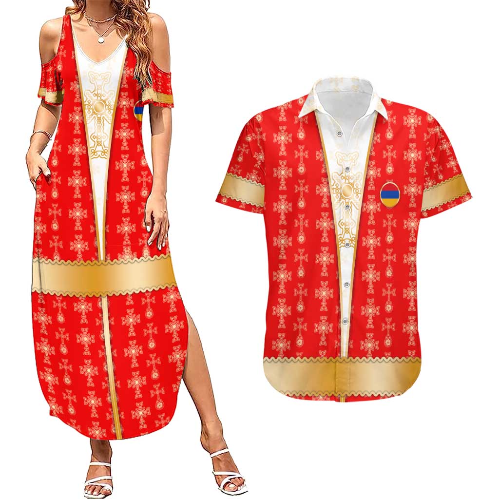 Armenian Traditional Red Couples Matching Summer Maxi Dress and Hawaiian Shirt with Gold Cross Pattern and Flag Crest - Wonder Print Shop