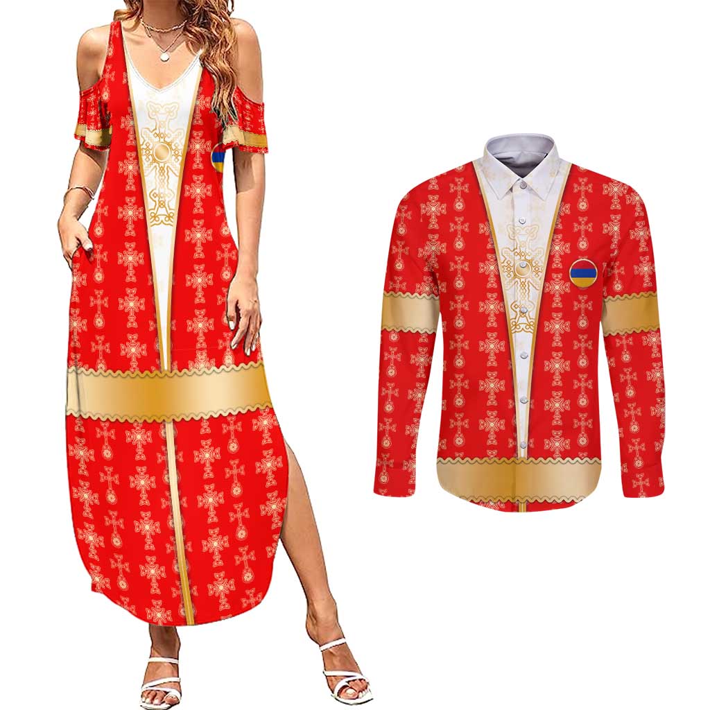 Armenian Traditional Red Couples Matching Summer Maxi Dress and Long Sleeve Button Shirt with Gold Cross Pattern and Flag Crest - Wonder Print Shop