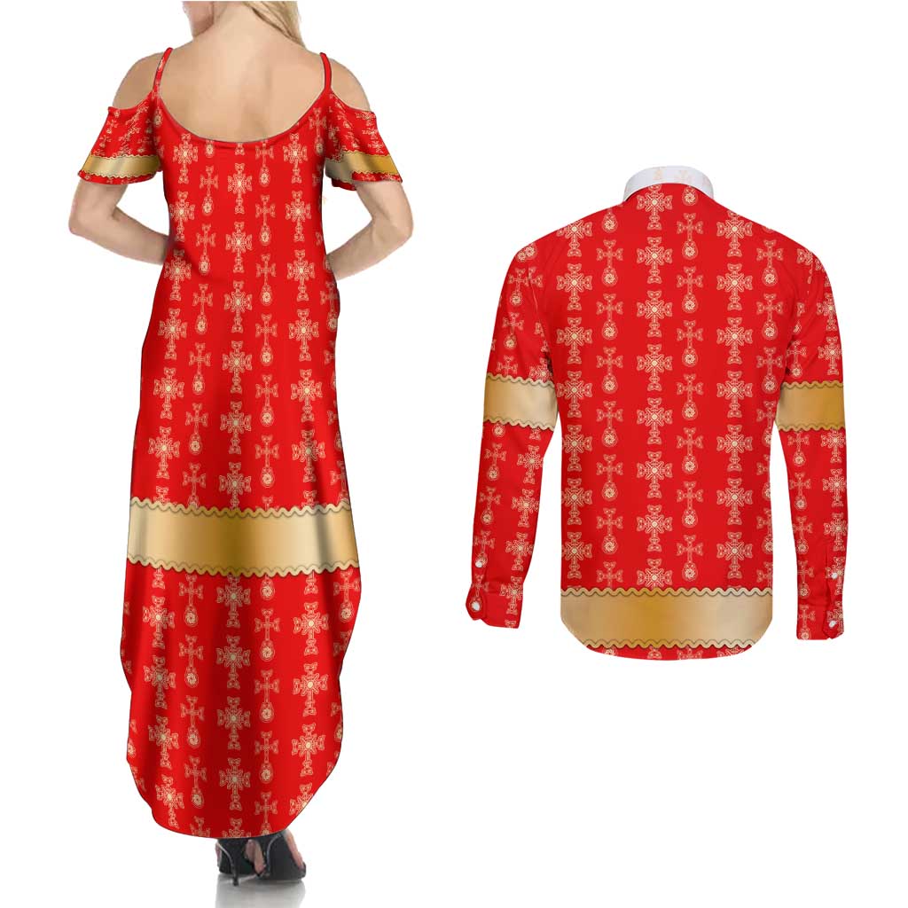 Armenian Traditional Red Couples Matching Summer Maxi Dress and Long Sleeve Button Shirt with Gold Cross Pattern and Flag Crest - Wonder Print Shop