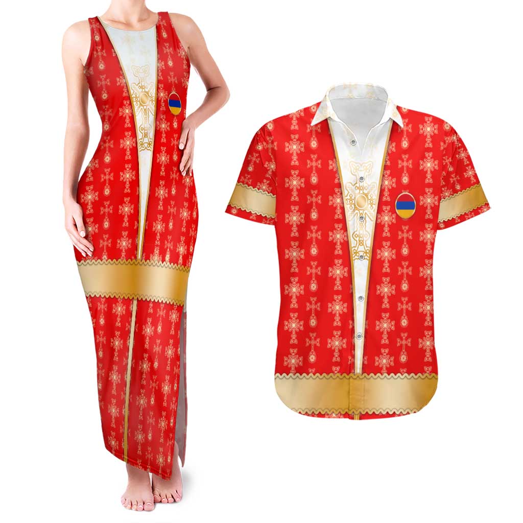 Armenian Traditional Red Couples Matching Tank Maxi Dress and Hawaiian Shirt with Gold Cross Pattern and Flag Crest - Wonder Print Shop