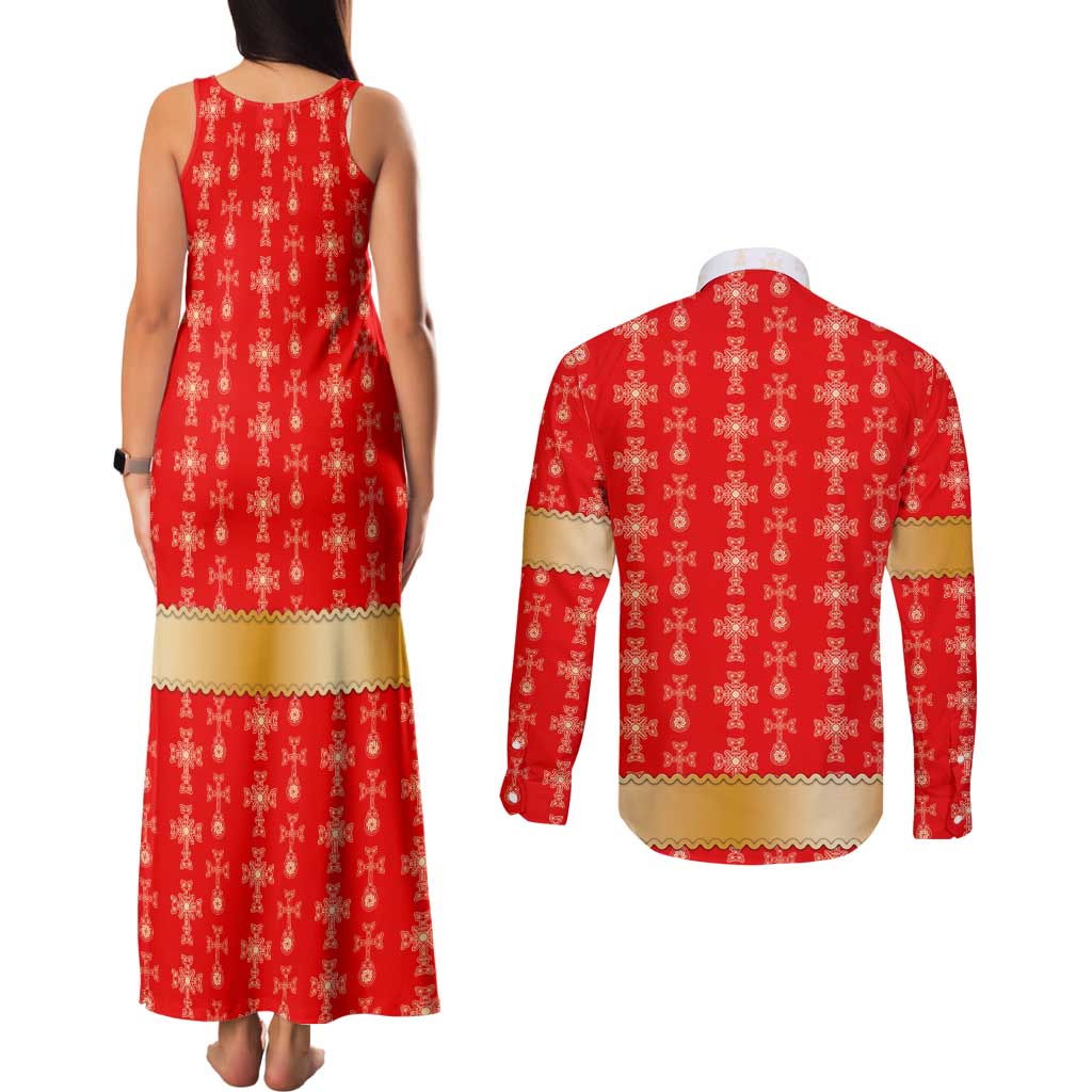 Armenian Traditional Red Couples Matching Tank Maxi Dress and Long Sleeve Button Shirt with Gold Cross Pattern and Flag Crest - Wonder Print Shop