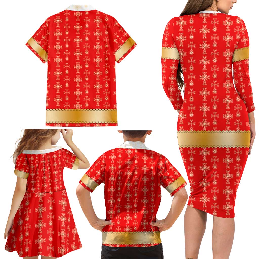 Armenian Traditional Red Family Matching Long Sleeve Bodycon Dress and Hawaiian Shirt with Gold Cross Pattern and Flag Crest - Wonder Print Shop