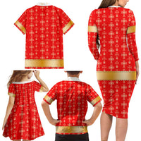 Armenian Traditional Red Family Matching Long Sleeve Bodycon Dress and Hawaiian Shirt with Gold Cross Pattern and Flag Crest - Wonder Print Shop