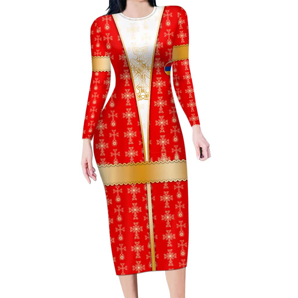 Armenian Traditional Red Family Matching Long Sleeve Bodycon Dress and Hawaiian Shirt with Gold Cross Pattern and Flag Crest - Wonder Print Shop