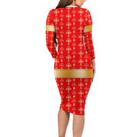 Armenian Traditional Red Family Matching Long Sleeve Bodycon Dress and Hawaiian Shirt with Gold Cross Pattern and Flag Crest - Wonder Print Shop