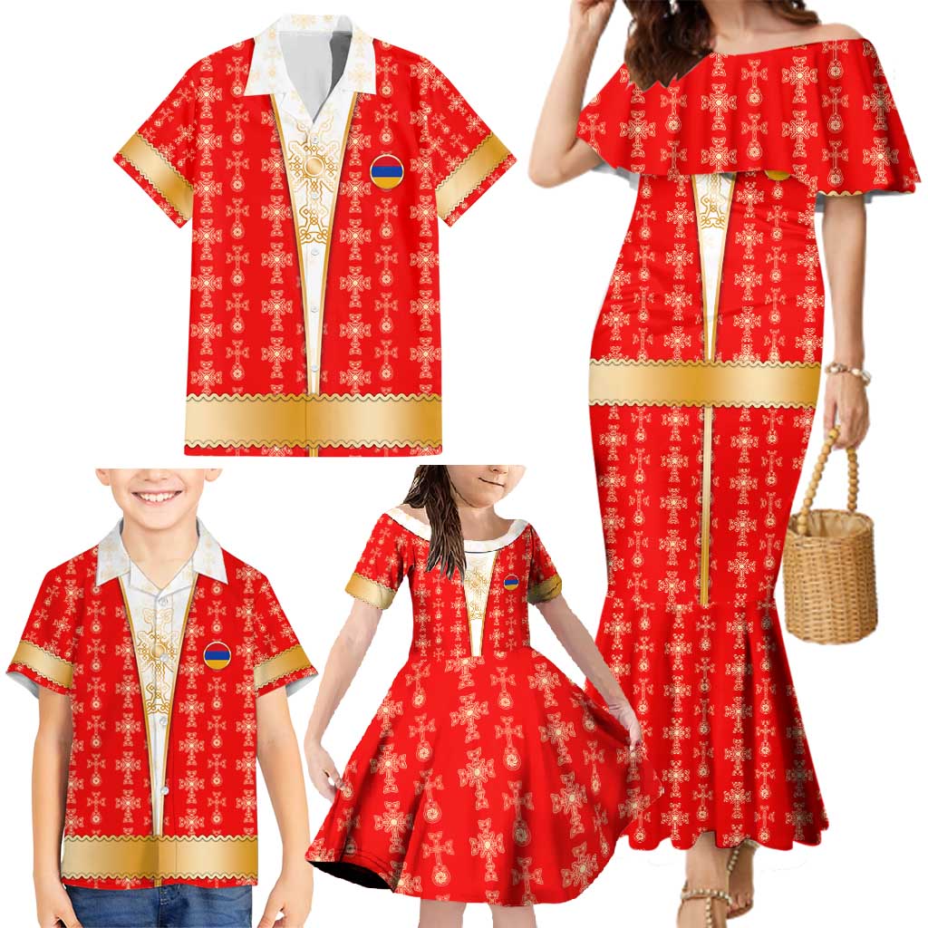 Armenian Traditional Red Family Matching Mermaid Dress and Hawaiian Shirt with Gold Cross Pattern and Flag Crest - Wonder Print Shop