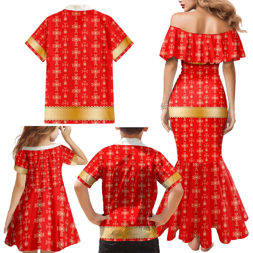 Armenian Traditional Red Family Matching Mermaid Dress and Hawaiian Shirt with Gold Cross Pattern and Flag Crest - Wonder Print Shop