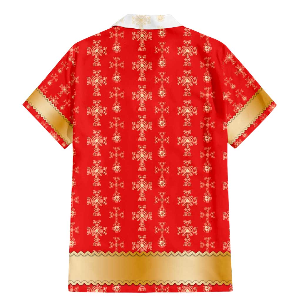Armenian Traditional Red Family Matching Mermaid Dress and Hawaiian Shirt with Gold Cross Pattern and Flag Crest - Wonder Print Shop