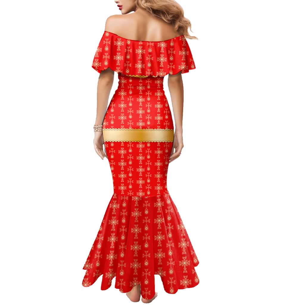 Armenian Traditional Red Family Matching Mermaid Dress and Hawaiian Shirt with Gold Cross Pattern and Flag Crest - Wonder Print Shop