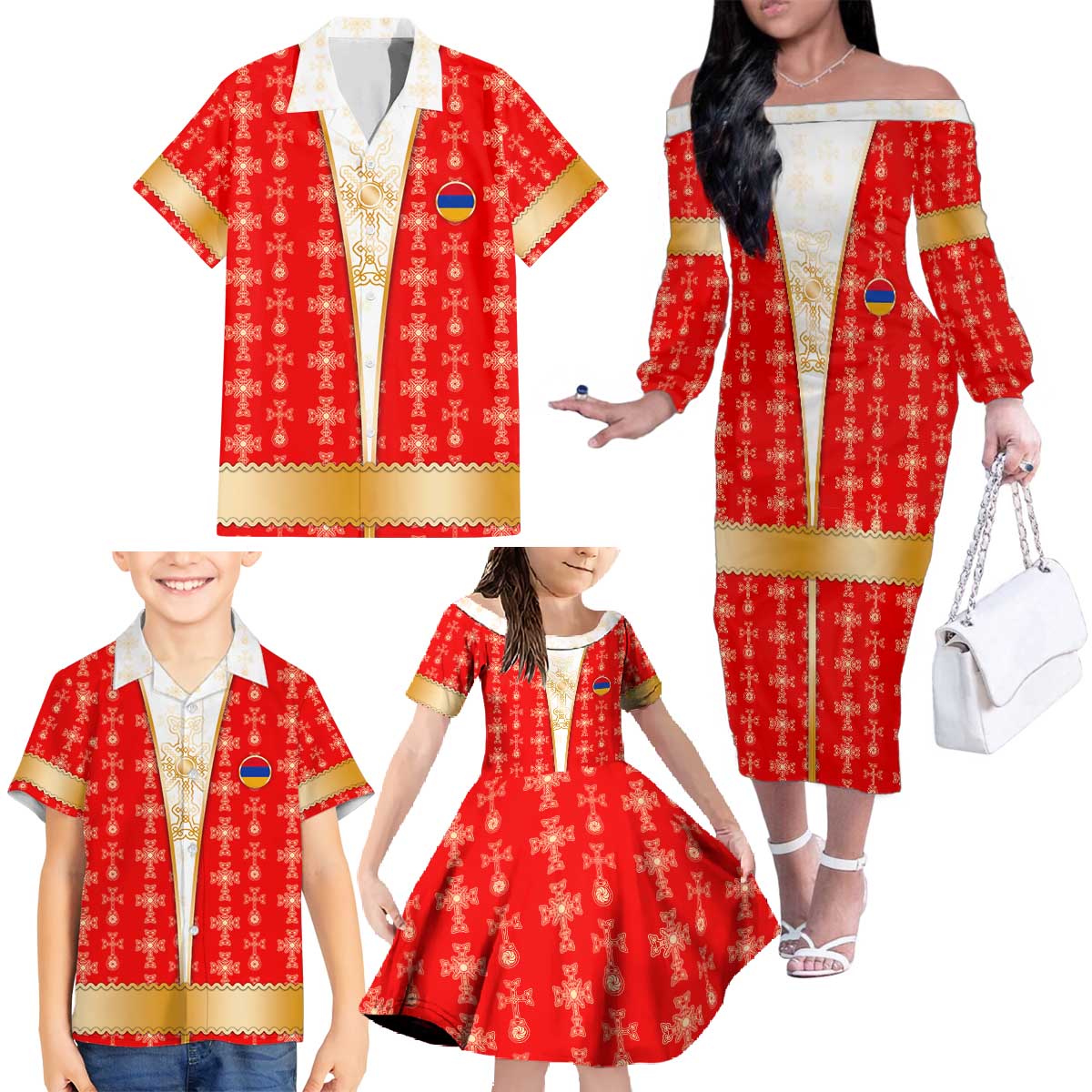 Armenian Traditional Red Family Matching Off The Shoulder Long Sleeve Dress and Hawaiian Shirt with Gold Cross Pattern and Flag Crest - Wonder Print Shop
