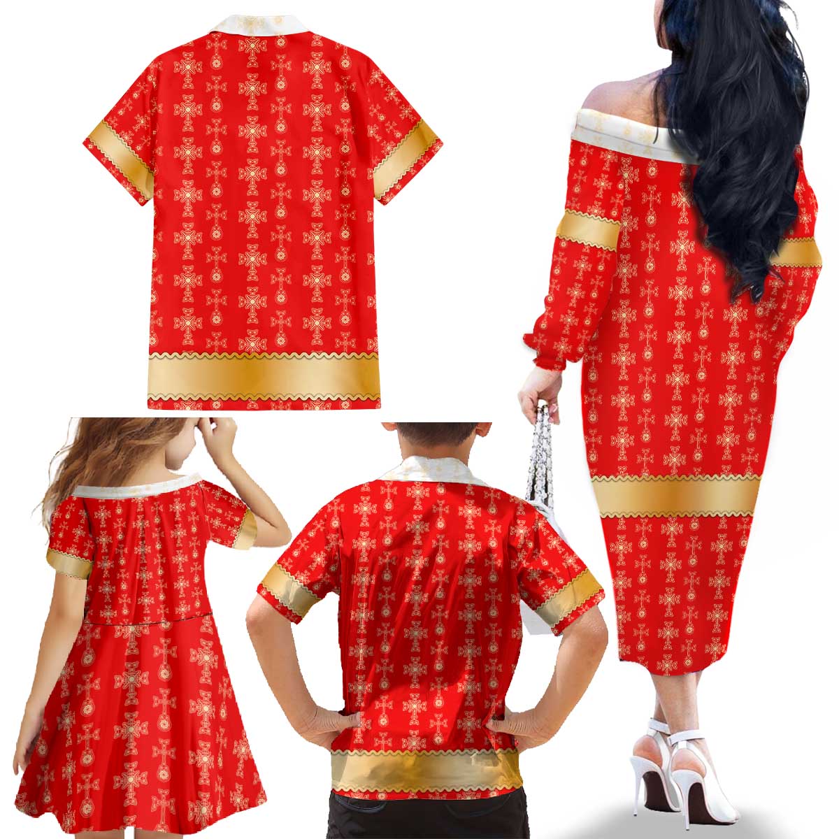 Armenian Traditional Red Family Matching Off The Shoulder Long Sleeve Dress and Hawaiian Shirt with Gold Cross Pattern and Flag Crest - Wonder Print Shop