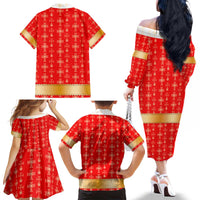 Armenian Traditional Red Family Matching Off The Shoulder Long Sleeve Dress and Hawaiian Shirt with Gold Cross Pattern and Flag Crest - Wonder Print Shop