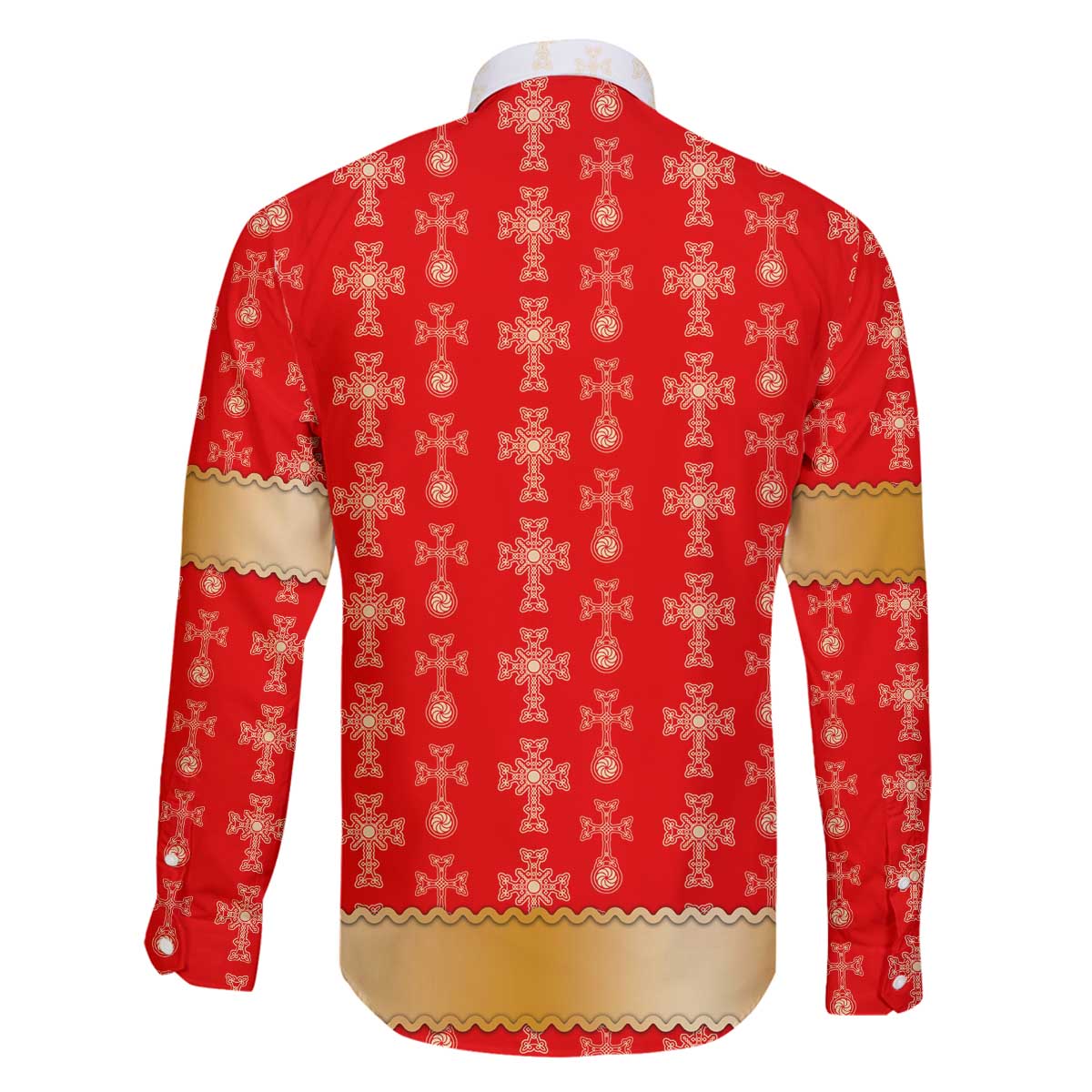 Armenian Traditional Red Family Matching Off The Shoulder Long Sleeve Dress and Hawaiian Shirt with Gold Cross Pattern and Flag Crest - Wonder Print Shop