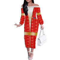 Armenian Traditional Red Family Matching Off The Shoulder Long Sleeve Dress and Hawaiian Shirt with Gold Cross Pattern and Flag Crest - Wonder Print Shop