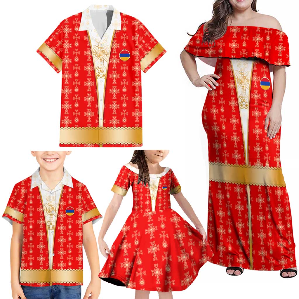 Armenian Traditional Red Family Matching Off Shoulder Maxi Dress and Hawaiian Shirt with Gold Cross Pattern and Flag Crest - Wonder Print Shop