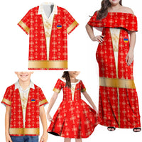 Armenian Traditional Red Family Matching Off Shoulder Maxi Dress and Hawaiian Shirt with Gold Cross Pattern and Flag Crest - Wonder Print Shop