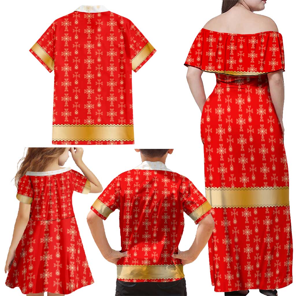 Armenian Traditional Red Family Matching Off Shoulder Maxi Dress and Hawaiian Shirt with Gold Cross Pattern and Flag Crest - Wonder Print Shop